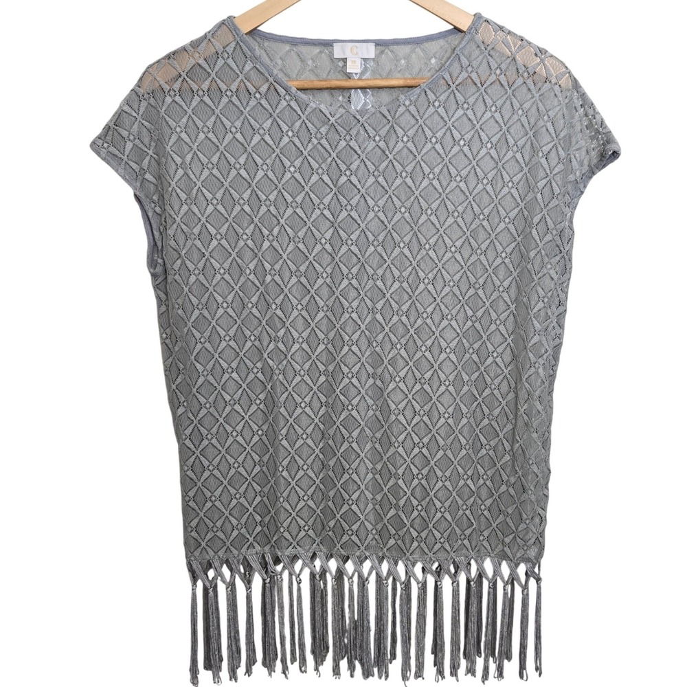 C FringeTassel Top Shirt Gray Sheer Overlay‎ Size Medium Boho Indie Festival